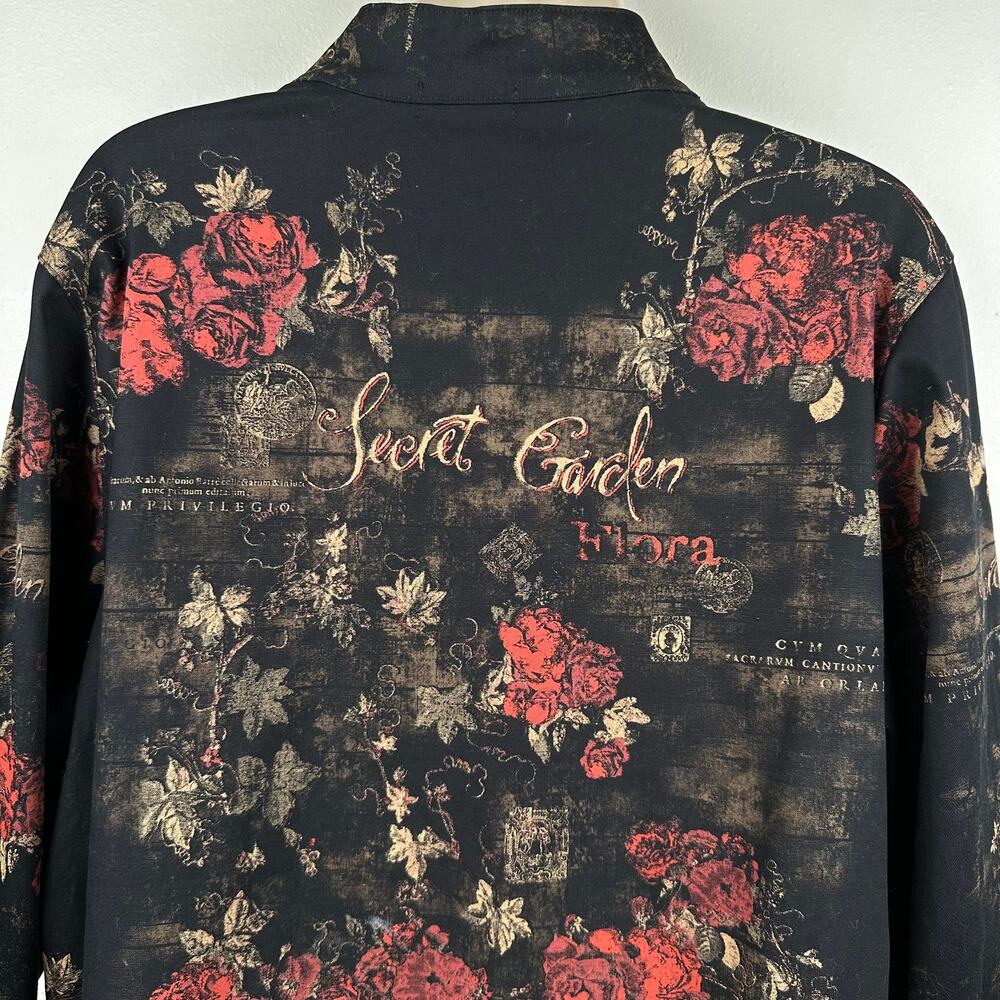 VTG Cactus Jacket Blazer Full Zip Secret Garden Floral Rinestones Black L Artsy - Picture 8 of 13